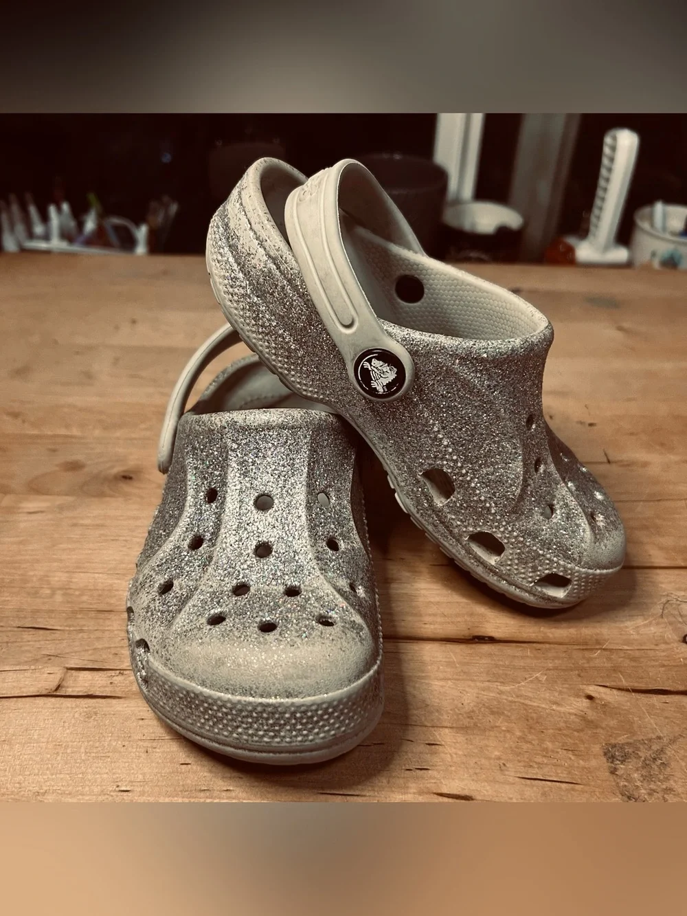 Crocs Classic Glitter Kids Clog Silver US 11 Slip-On Synthetic Logo